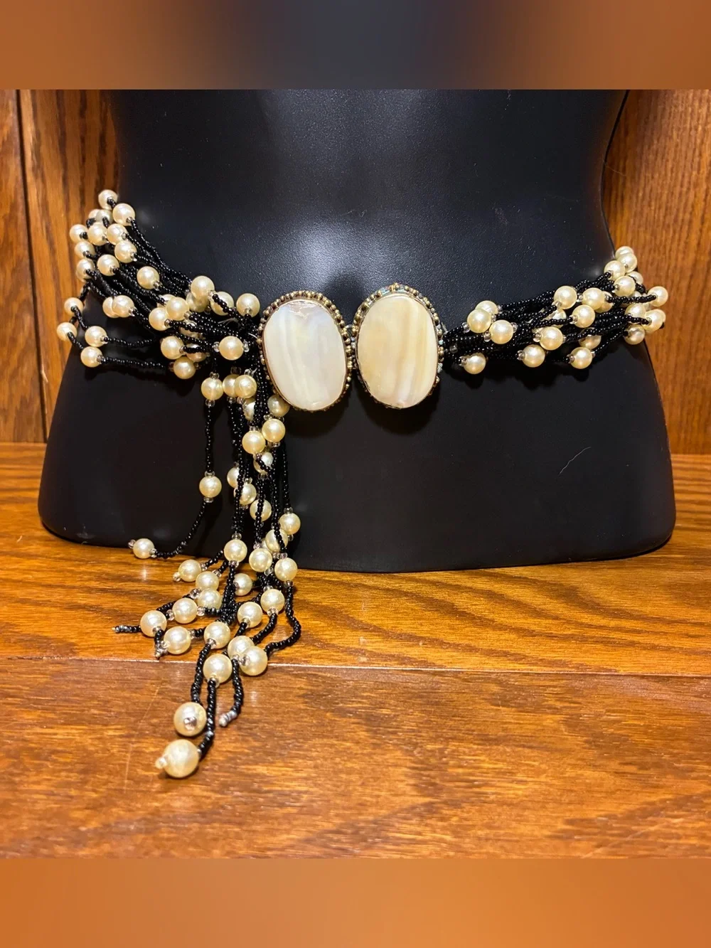 Vintage Mother Of Pearl Brass Beaded Boho Statement Belt Black Ivory OS